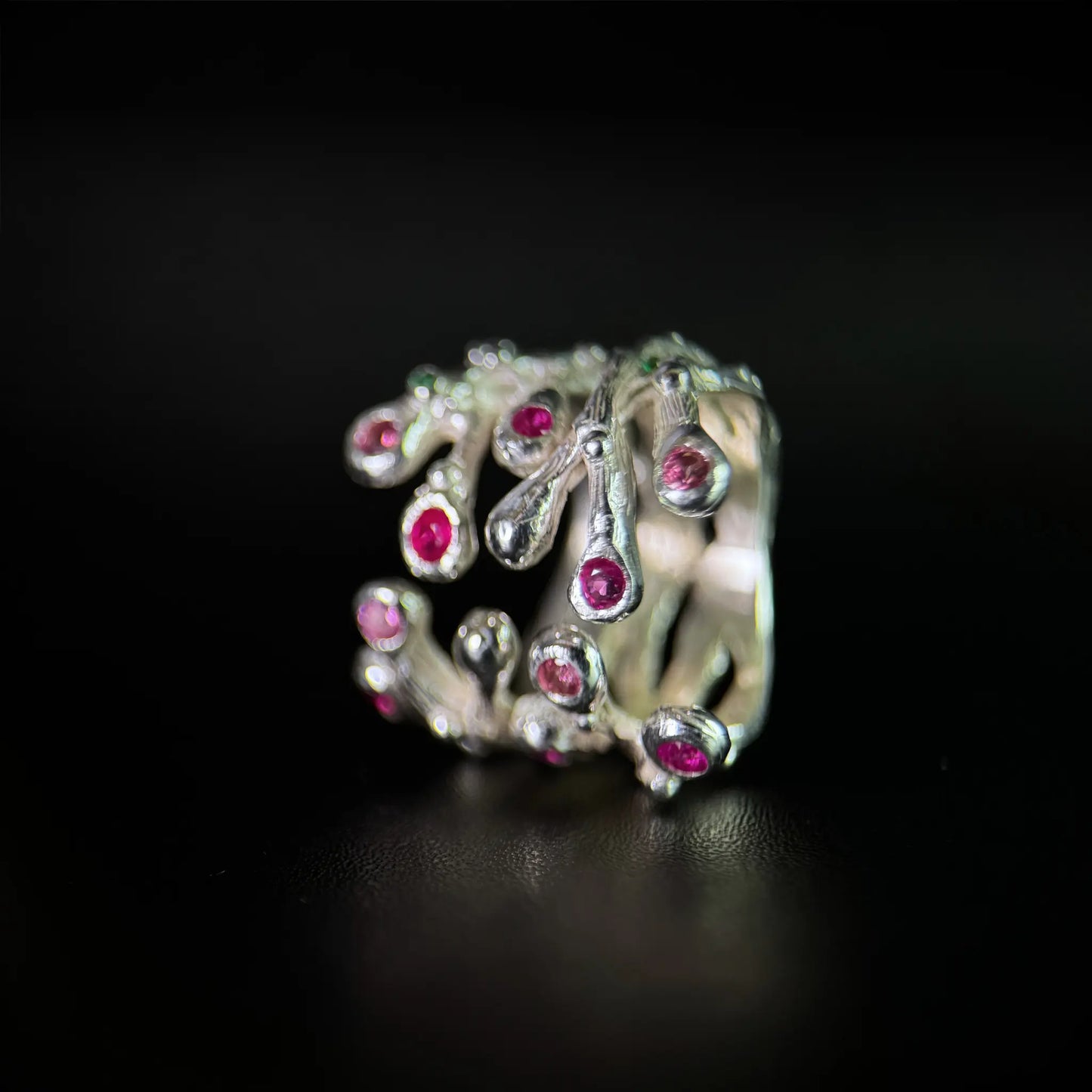 Nature inspired Ring with Rubies and Pink Tourmalines - the Blooming Hope