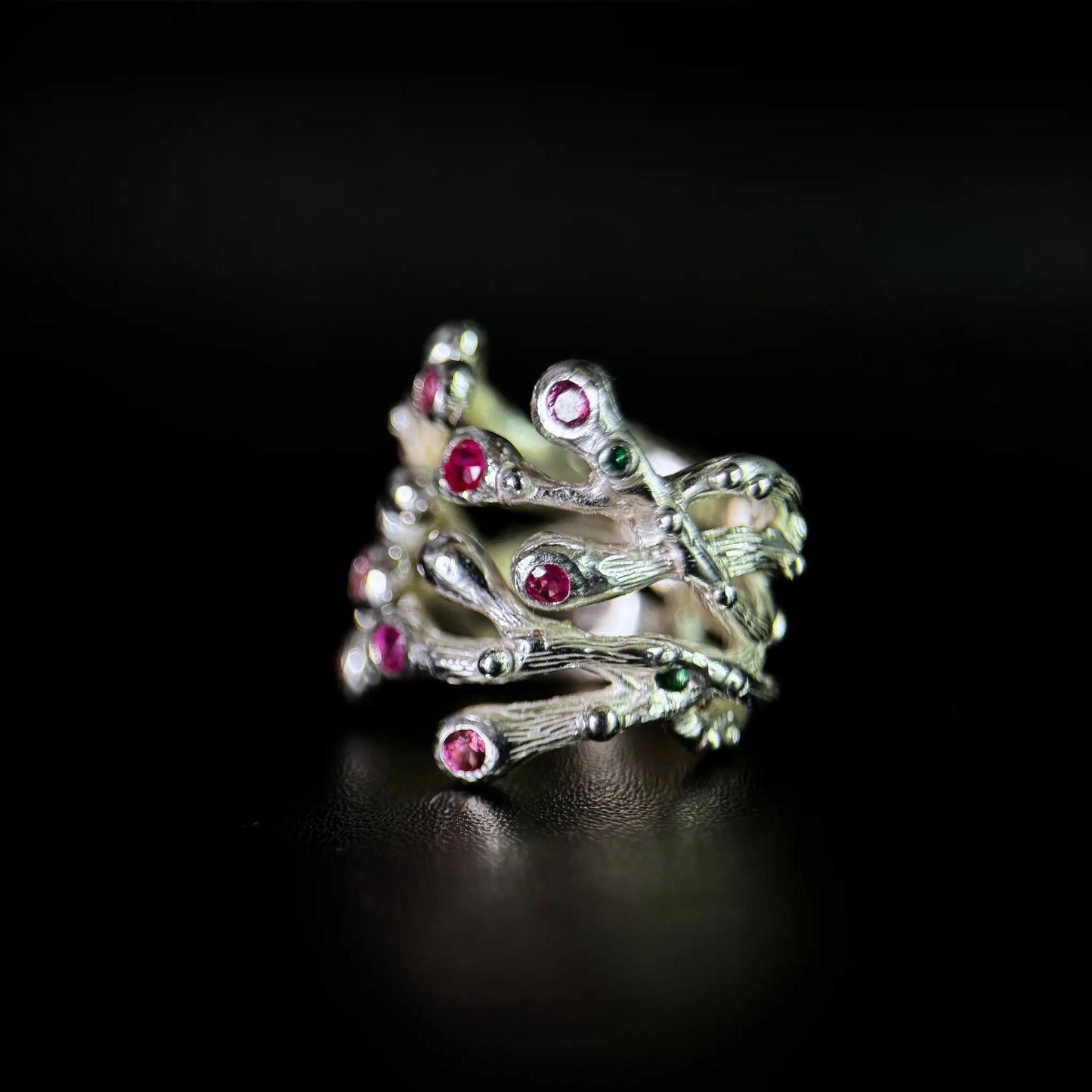 Nature inspired Ring with Rubies and Pink Tourmalines - the Blooming Hope