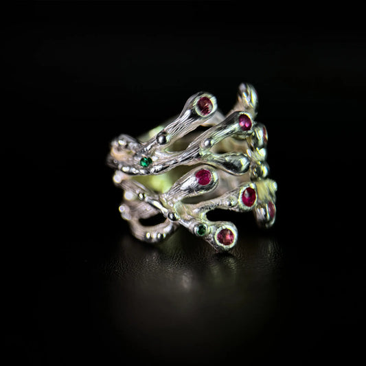 Nature inspired Ring with Rubies and Pink Tourmalines - the Blooming Hope