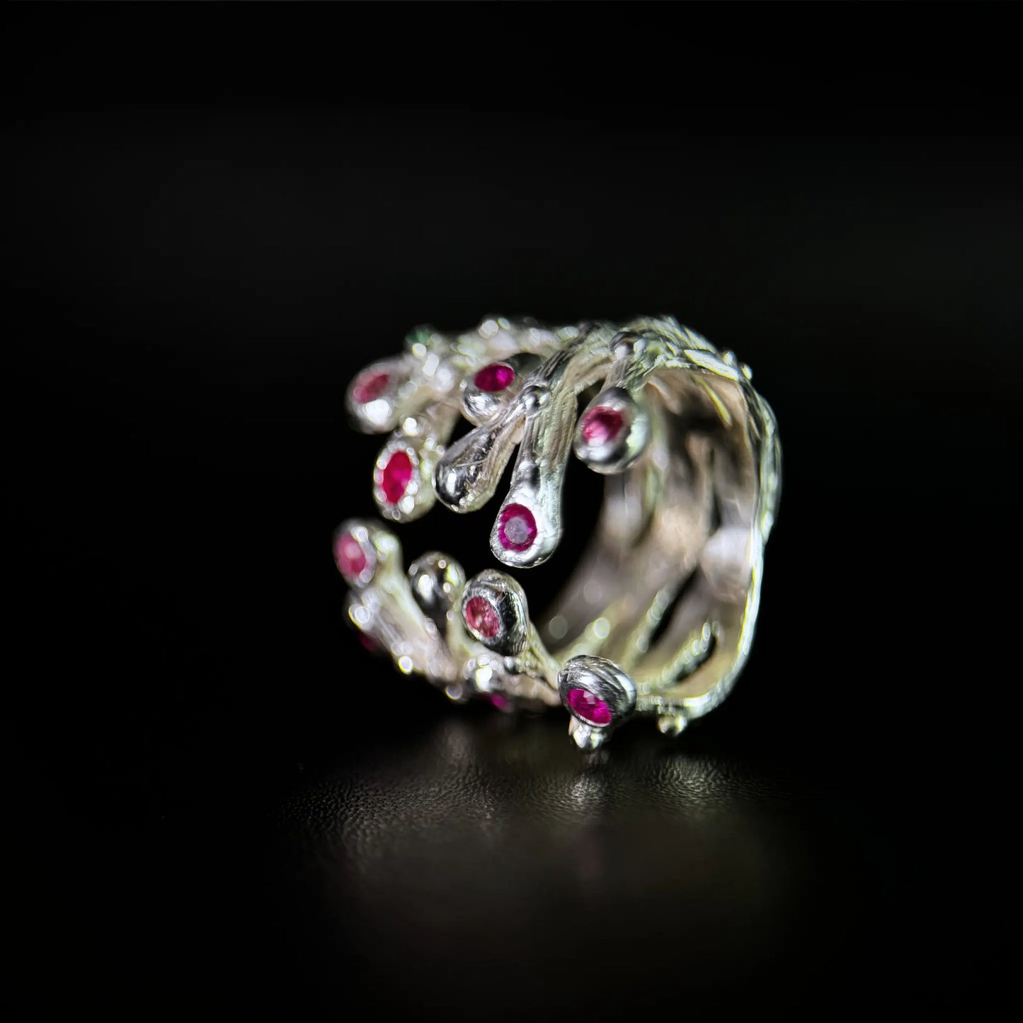 Nature inspired Ring with Rubies and Pink Tourmalines - the Blooming Hope