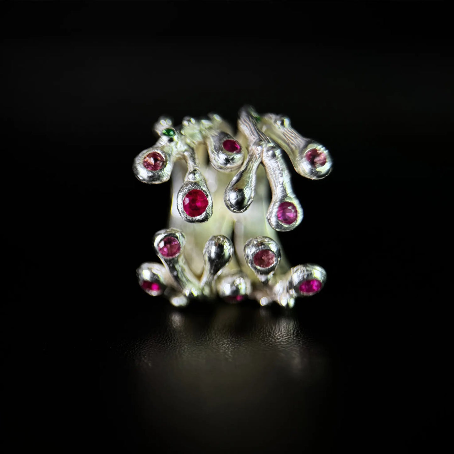 Nature inspired Ring with Rubies and Pink Tourmalines - the Blooming Hope