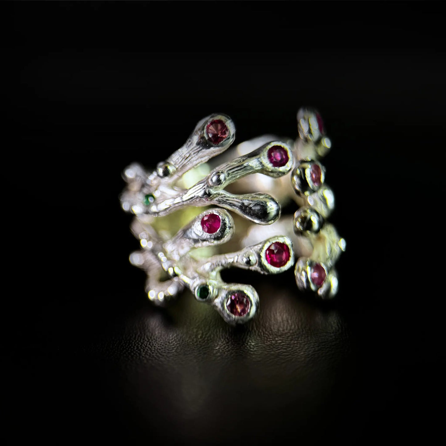 Nature inspired Ring with Rubies and Pink Tourmalines - the Blooming Hope