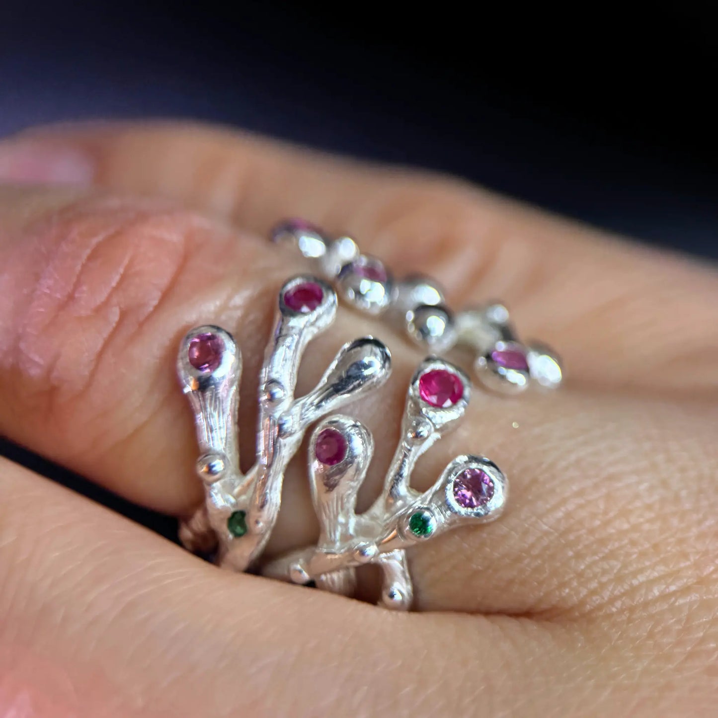 Nature inspired Ring with Rubies and Pink Tourmalines - the Blooming Hope