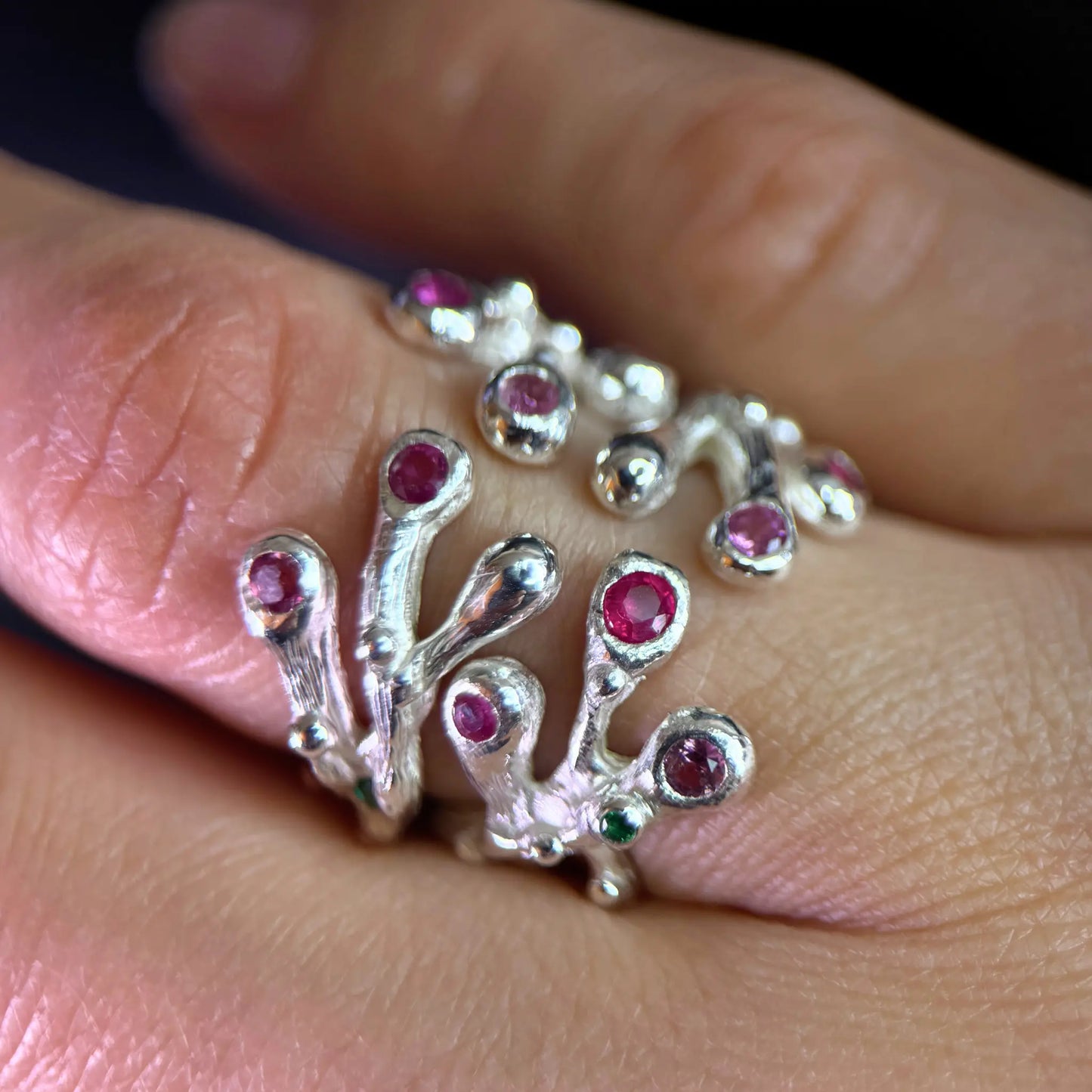 Nature inspired Ring with Rubies and Pink Tourmalines - the Blooming Hope