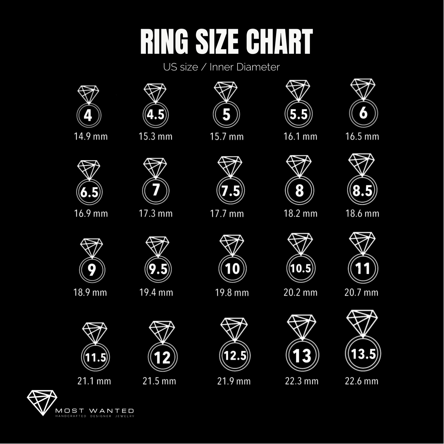 Ring size chart with diamond illustrations on a black background