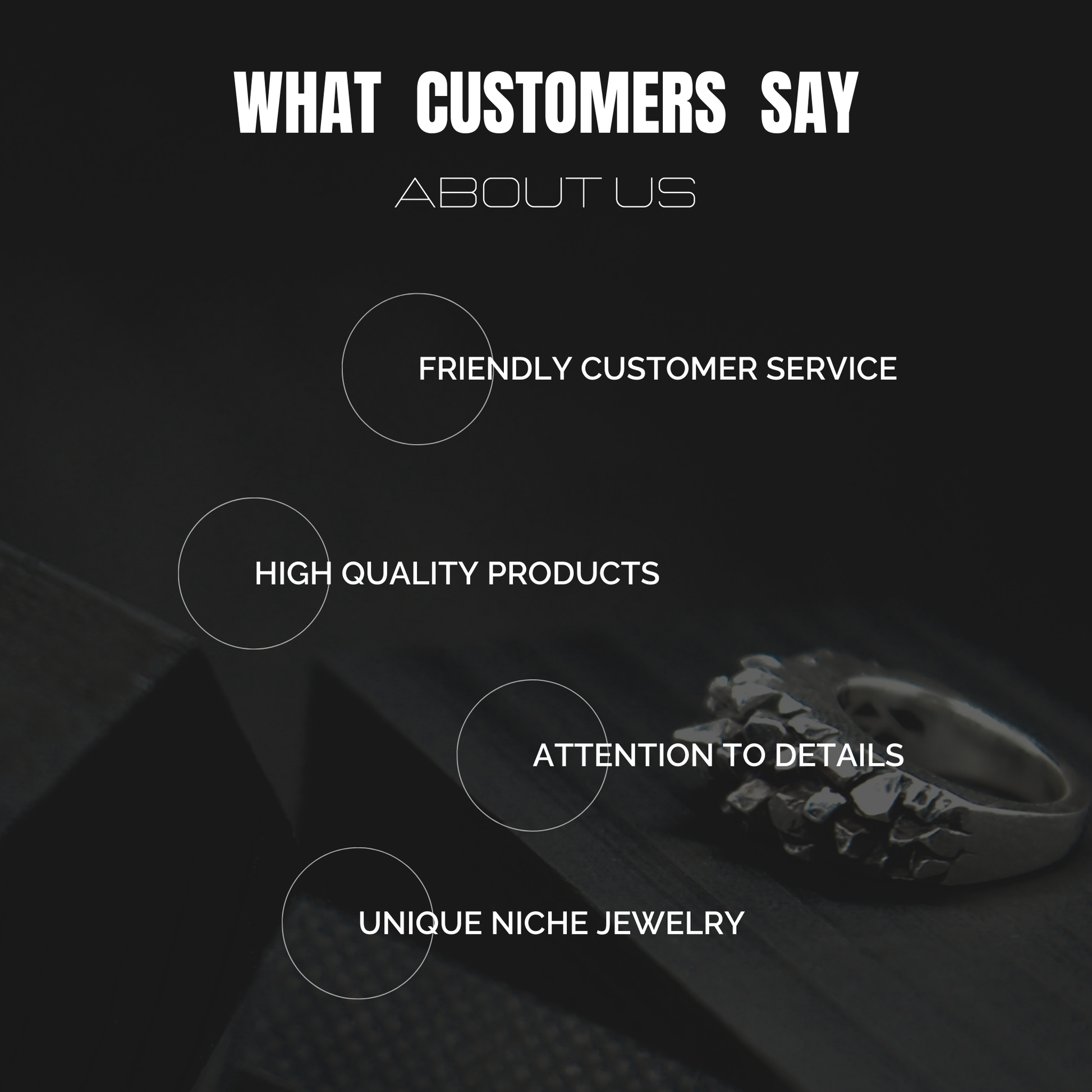 Text overlay on a dark background with jewelry, highlighting customer feedback.