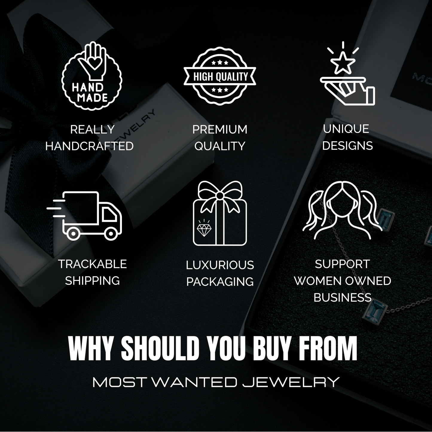 Promotional graphic for Most Wanted Jewelry with icons and text highlighting features.