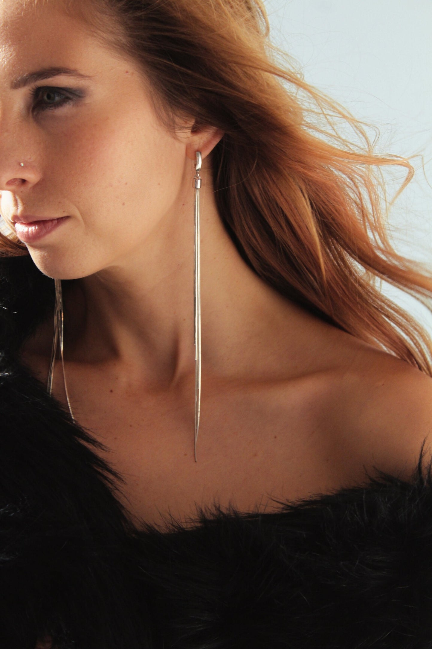 Long statement earrings silver chain multi strand