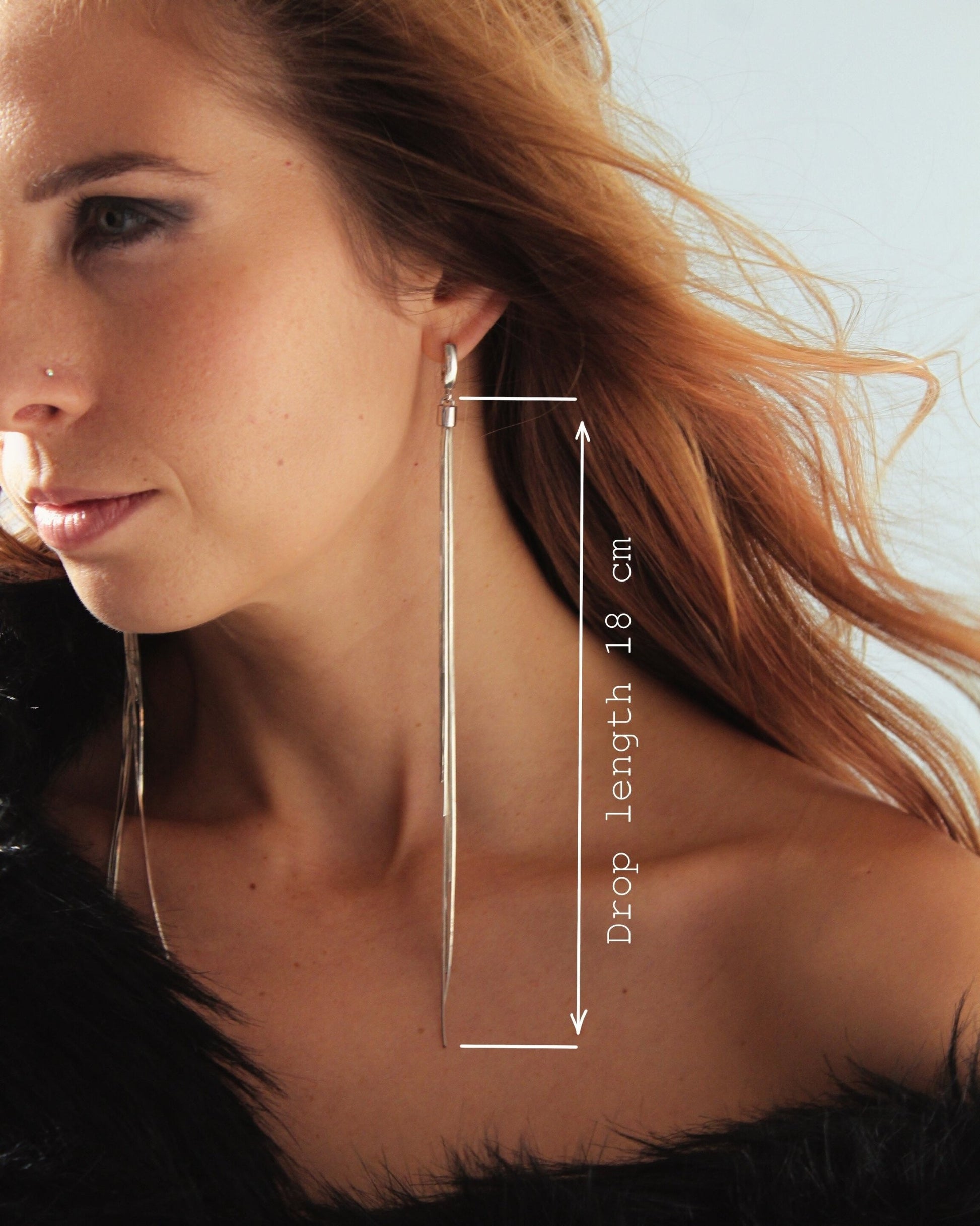 long dangle silver earrings 18 drop length