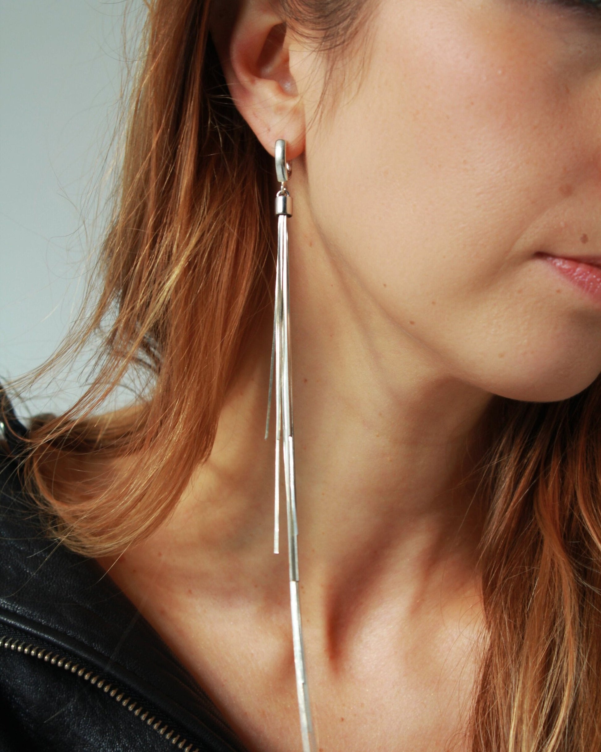 Shoulder length dangle silver earrings multi strand