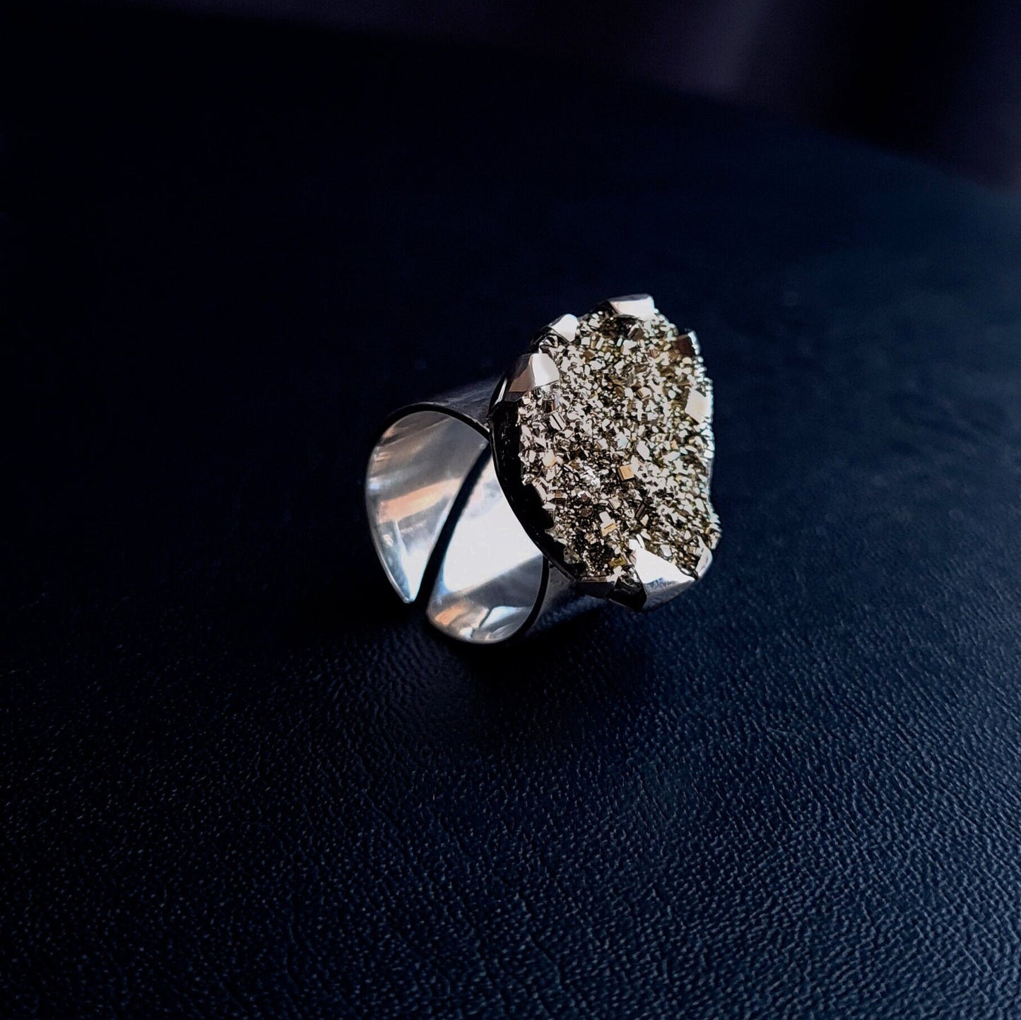 Adjustable Statement Crystal Ring with Pyrite - Sparkling Open Ring