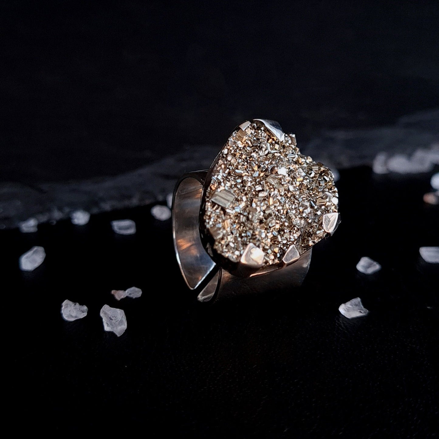 Adjustable Statement Crystal Ring with Pyrite - Sparkling Open Ring