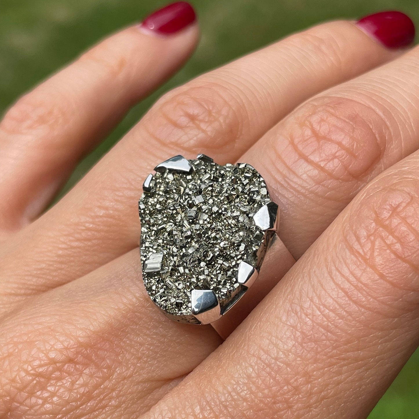 Adjustable Statement Crystal Ring with Pyrite - Sparkling Open Ring