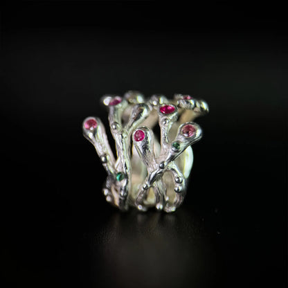 Nature inspired Ring with Rubies and Pink Tourmalines - the Blooming Hope