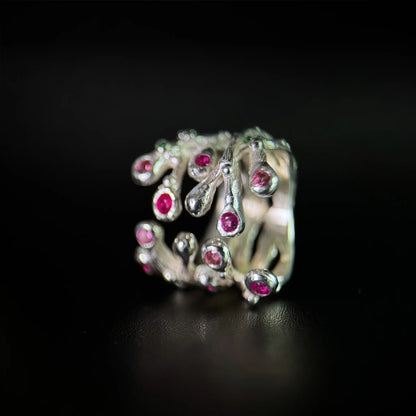Nature inspired Ring with Rubies and Pink Tourmalines - the Blooming Hope