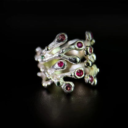 Nature inspired Ring with Rubies and Pink Tourmalines - the Blooming Hope