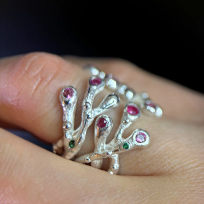 Nature inspired Ring with Rubies and Pink Tourmalines - the Blooming Hope
