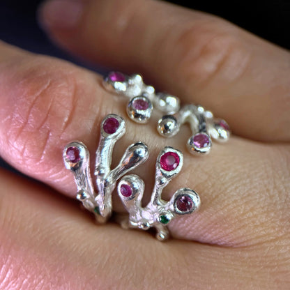 Nature inspired Ring with Rubies and Pink Tourmalines - the Blooming Hope