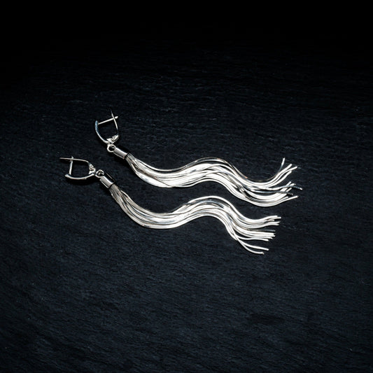 Long dangle drop multi strands silver chain earrings