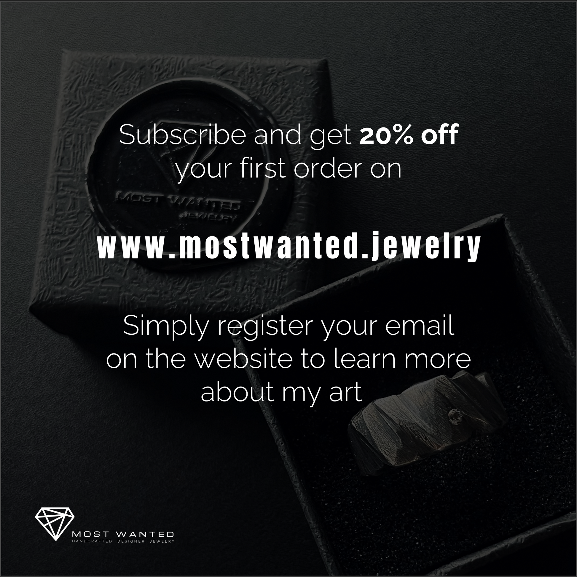 Black jewelry box with 'Most Wanted' branding and promotional text overlay on a dark background.