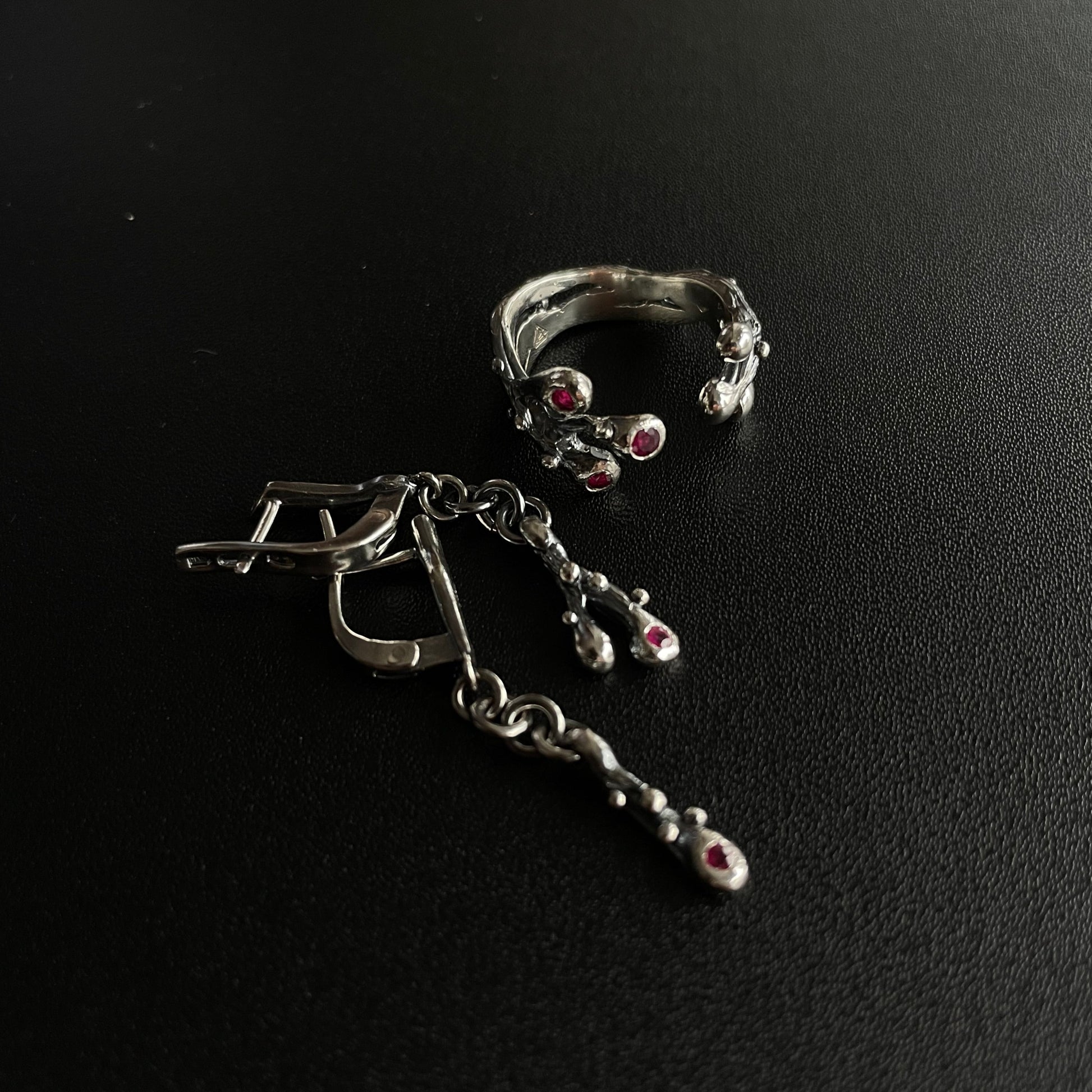 multi stone silver ring with rubies