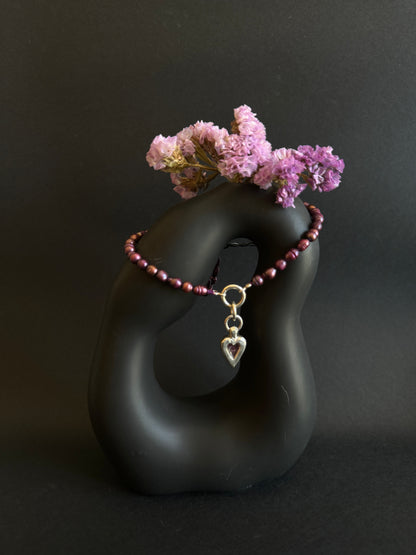 pink tourmaline heart pendant with purple pearls choker 