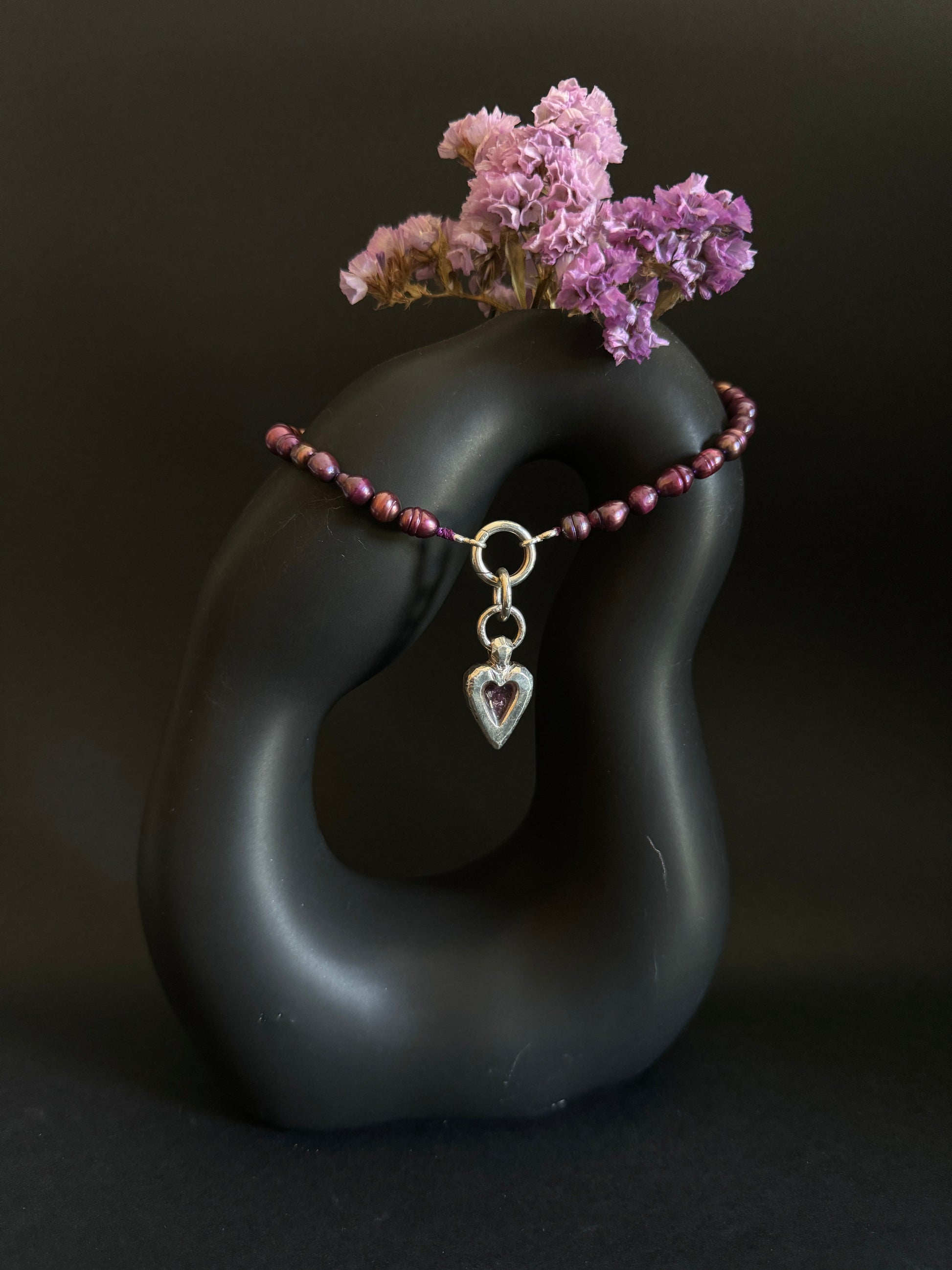 pink tourmaline heart pendant with purple pearls choker