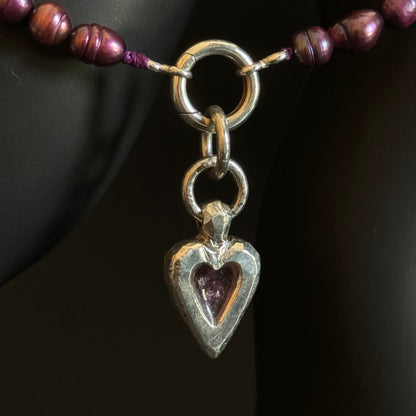 pink tourmaline heart pendant with purple pearls choker