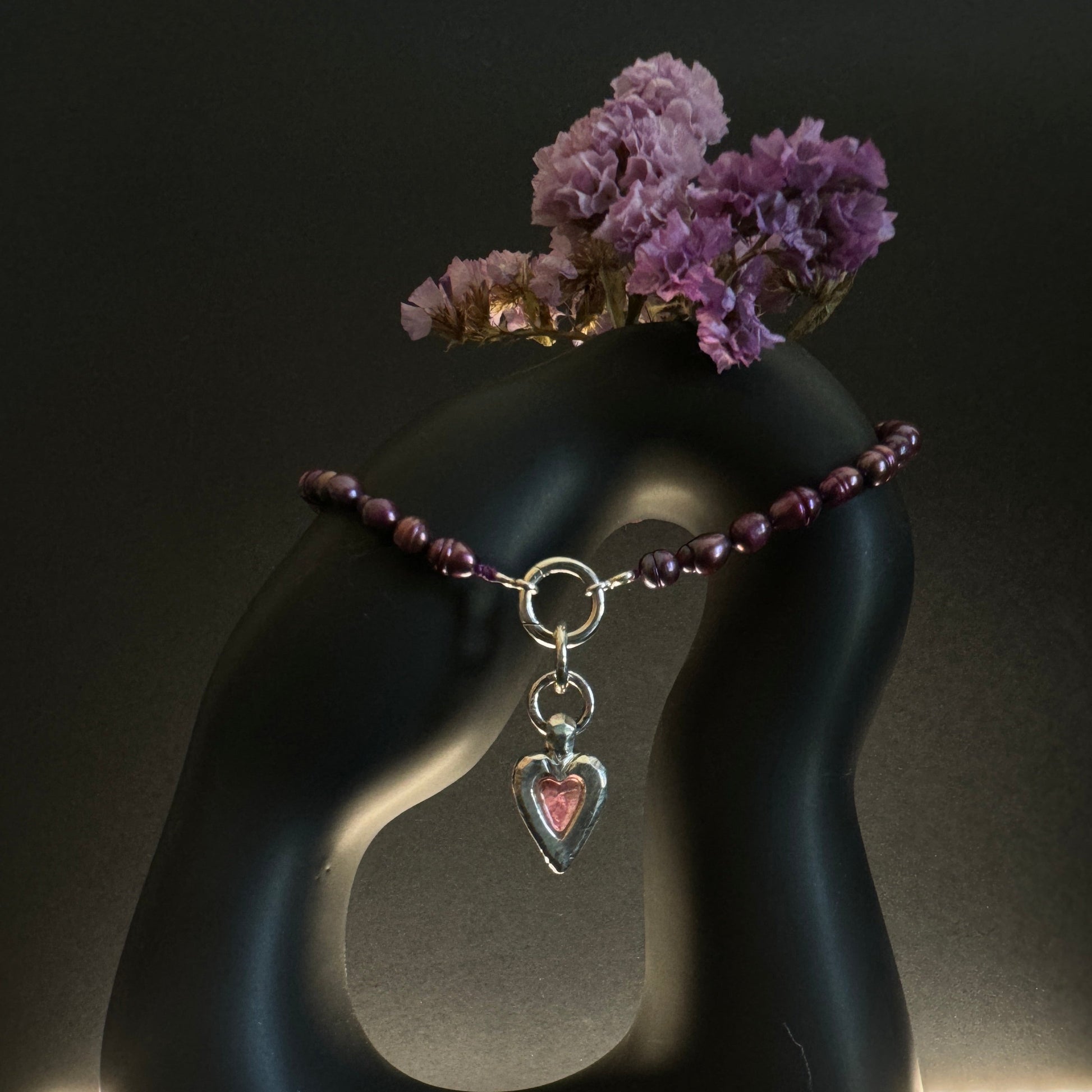 pink tourmaline heart pendant with purple pearls choker