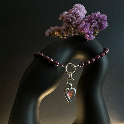 pink tourmaline heart pendant with purple pearls choker