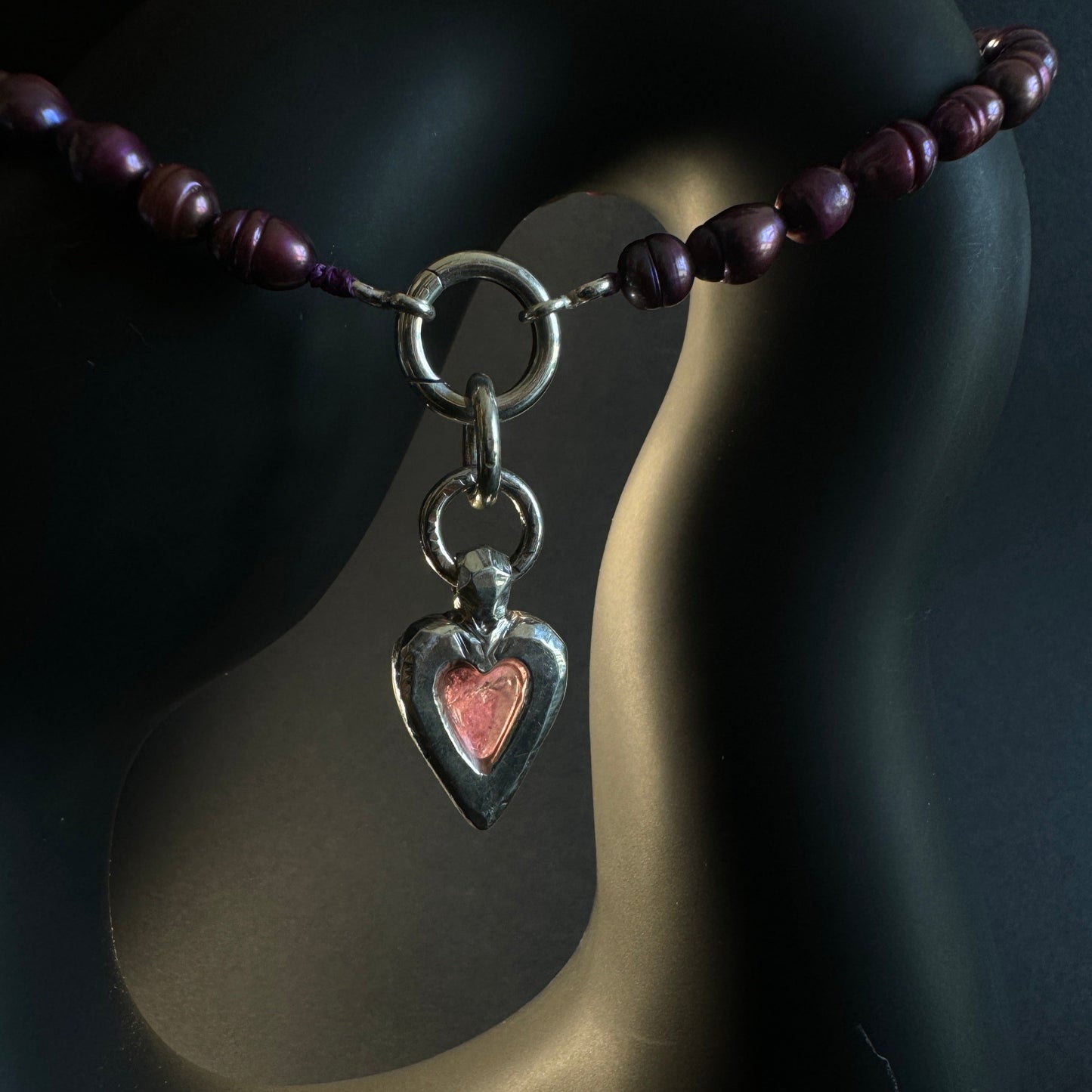 pink tourmaline heart pendant with purple pearls choker