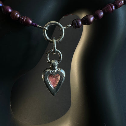 pink tourmaline heart pendant with purple pearls choker