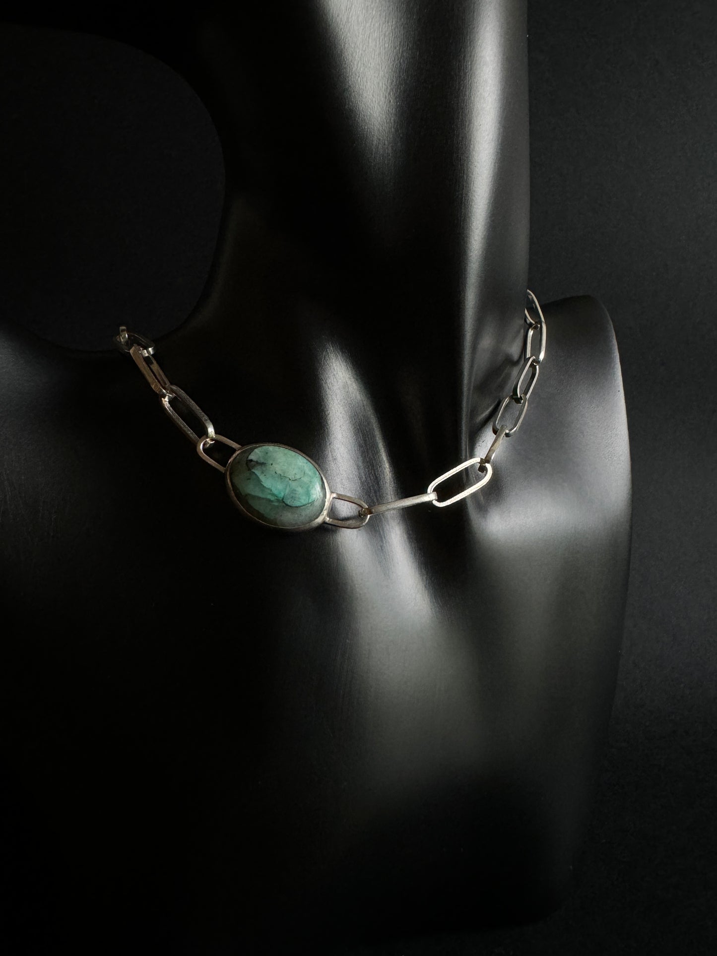 silver chain choker with emerald