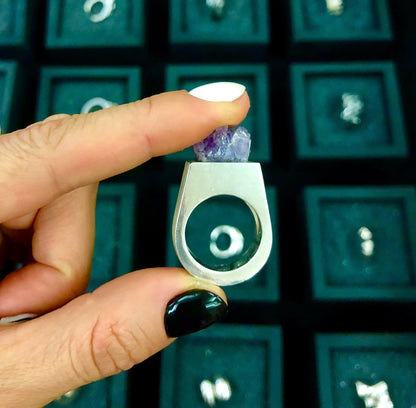 Raw Amethyst Silver Signet Ring